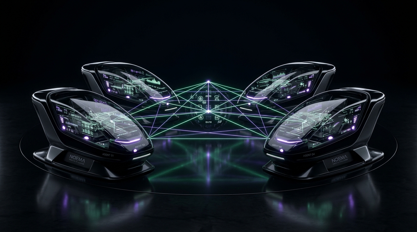 Four black obsidian autonomous AI fintech agent pods interconnected by glowing emerald and violet laser filaments