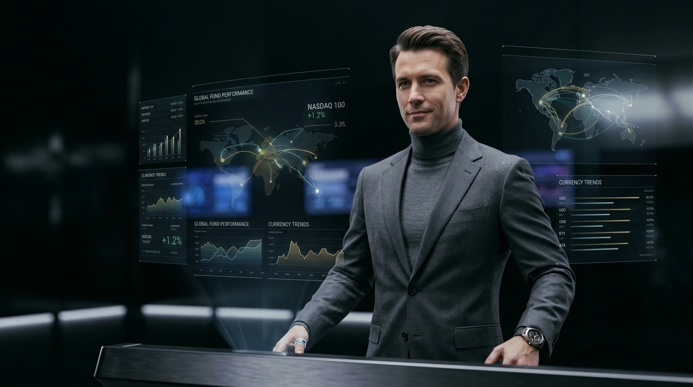 The Sovereign Human Founder in a serene financial cockpit with holographic cash flow HUD telemetry
