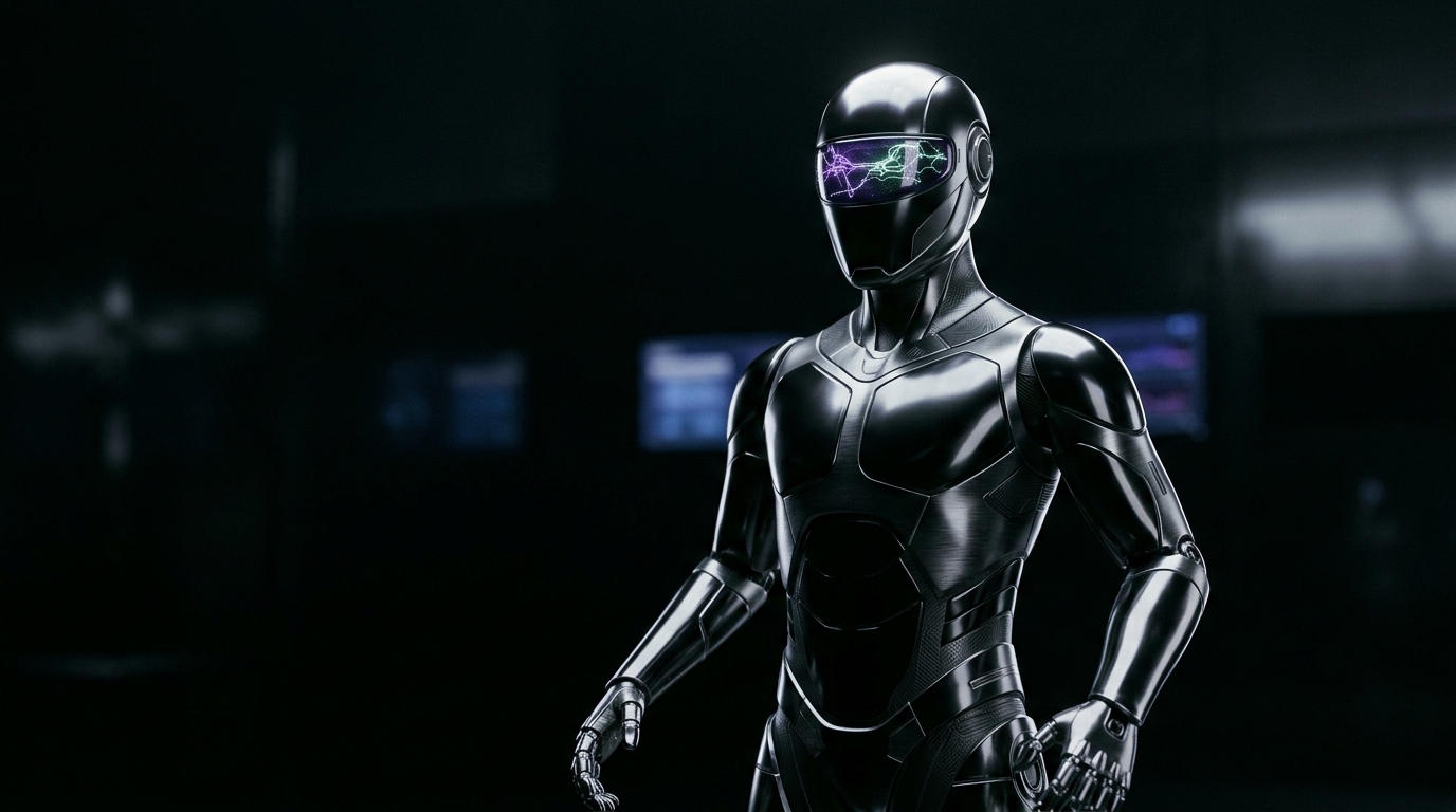 Futuristic sleek obsidian cybernetic AI financial sentinel with glowing neural visor