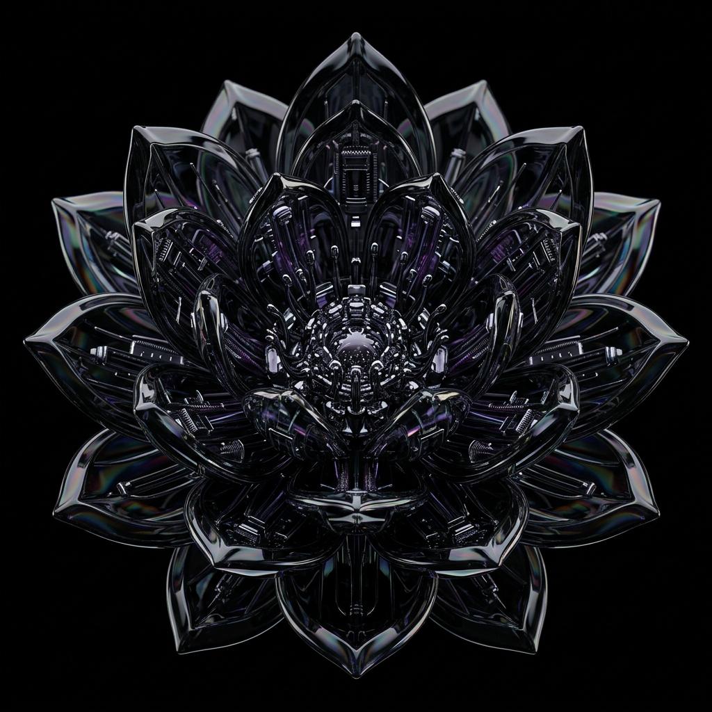 Intricate dark obsidian glass lotus flower bloom with iridescent crystal reflections